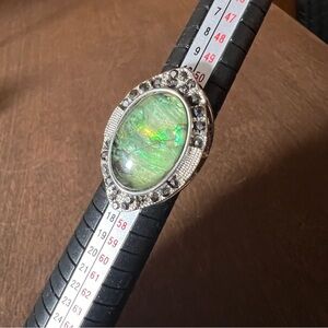 Fashion Jewelry Silver Tone Oval Ring With Greenish "stone" Roughly Size 6.5